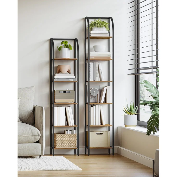 Bücherregal, 6 Ebenen Standregal, DVD-Regal, Schmale Regale, Offenes Regal, Industriestil, Metallrahmen, Geeignet für Arbeitszimmer, Wohnzimmer, Schlafzimmer, Küche, Braun – Bild 8