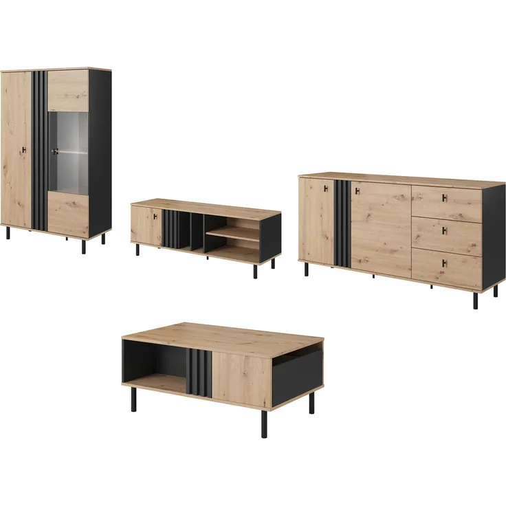 Wohnzimmer-Set Maidstone Wohnwand 4-teilig Sand Grange Eiche anthrazit