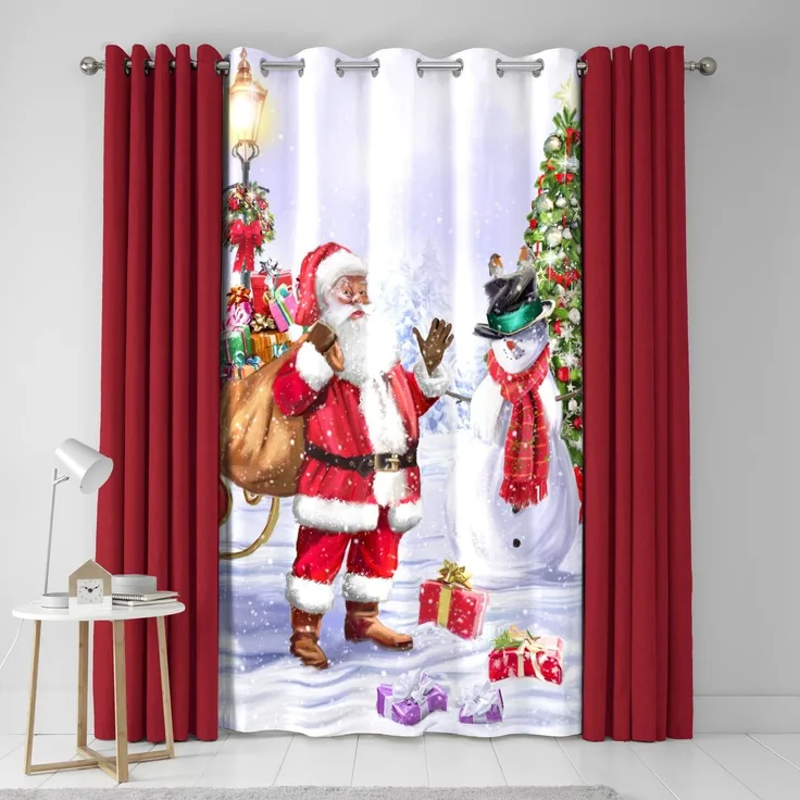 Fusion - Traditioneller Weihnachtsvorhang B 55 x L 84 (138 x 214 cm) – Öse – Weihnachtsmann Vorhang für Weihnachten – Weihnachtsvorhang/Schneemann Vorhang für Schlafzimmer/Wohnzimmer –