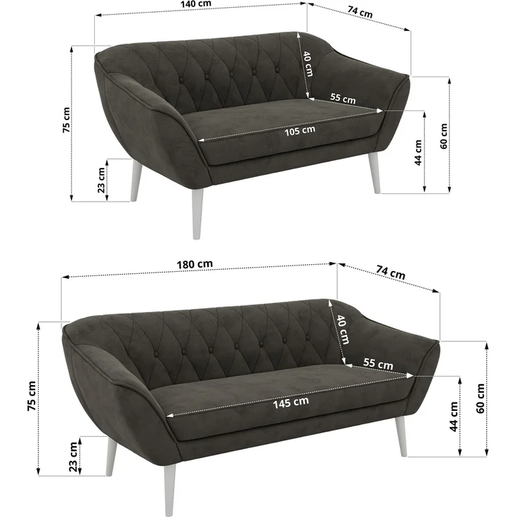 Skandinavisches Sofa Set PIRS 3-2, Komplettset, Wellenfederung, weiße Füße, Sitzgruppe, Polstermöbel Set - Dunkelgrau Velvet – Bild 5