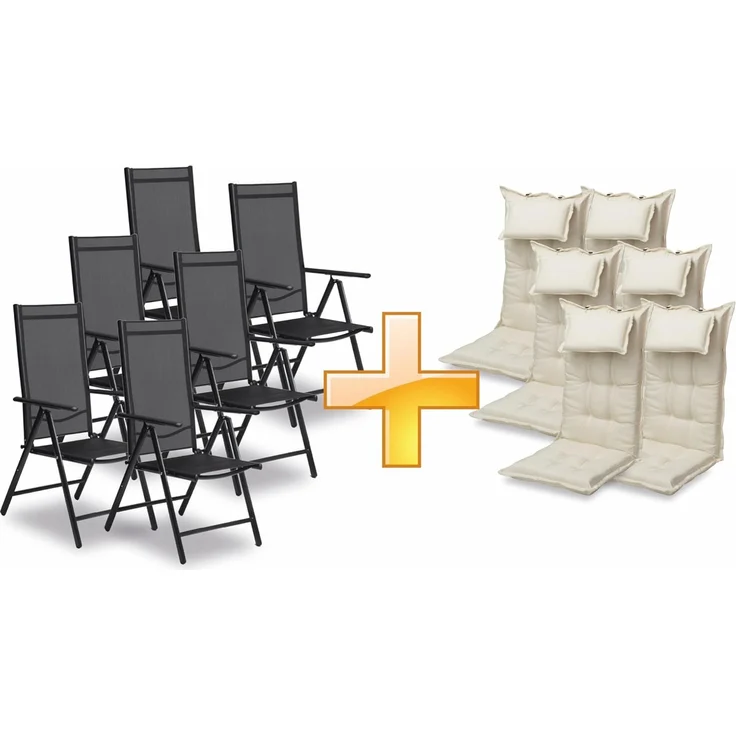 sunnypillow 6er Set Gartenstühle und Gartenstuhlauflagen Hochlehner | 120 x 50 x 9 cm Hochlehner Auflage wasserdicht UV-lichtecht | Klappstuhl für Garten Polsterauflagen Stuhlauflage | Cremefarben