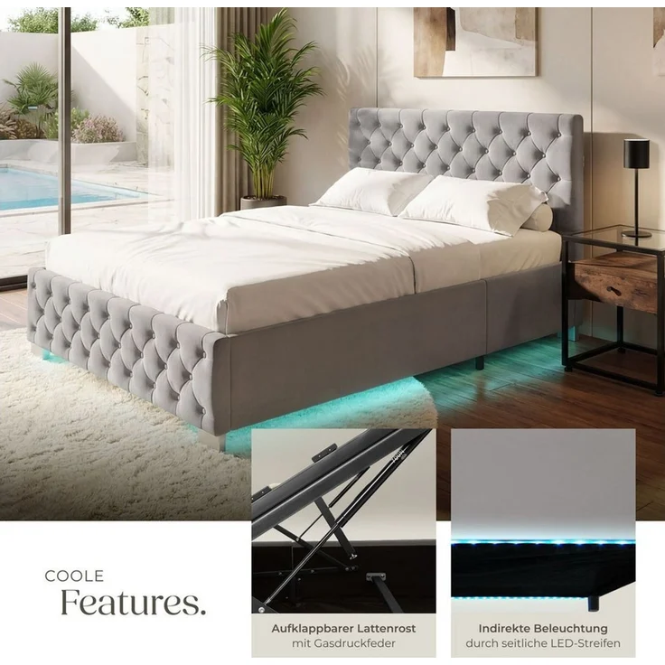 tectake Polsterbett Komfortbett mit LED-Leisten & Stauraum - Samtoptik mit Steppmuster (Bettset, in Dunkelgrau), stabiler Stahlrahmen, Belastbarkeit 300 kg – Bild 3