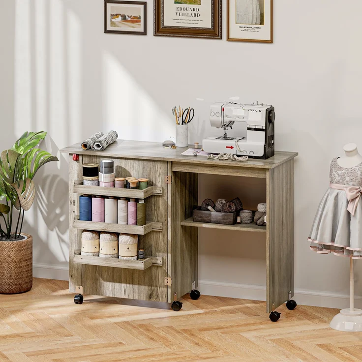 Wohnora-Klappbarer Nähtisch, Nähschrank mit Klappplatten, Aufbewahrungsboxen, offenem Regal und grauen Rollen in Holzoptik,H 775cm x T 1170cm x B 400cm,Grau – Bild 4