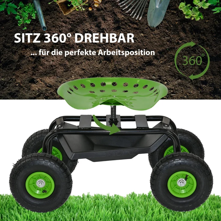 Gartenscooter mit Ablage Stahl 150 kg Sitzhöhe 44-52 cm Sitz 360° drehbar Lufträder in Schwarz-grün – Bild 6