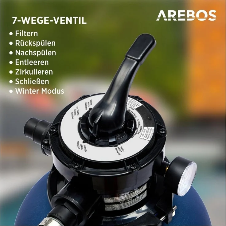 Arebos Sandfilteranlage mit Pumpe 350 W, 7-Wege-Ventil & 9500 l/h (max. 20 kg Sand), Geeignete Wassertemperatur: 10 - 35 °C – Bild 2