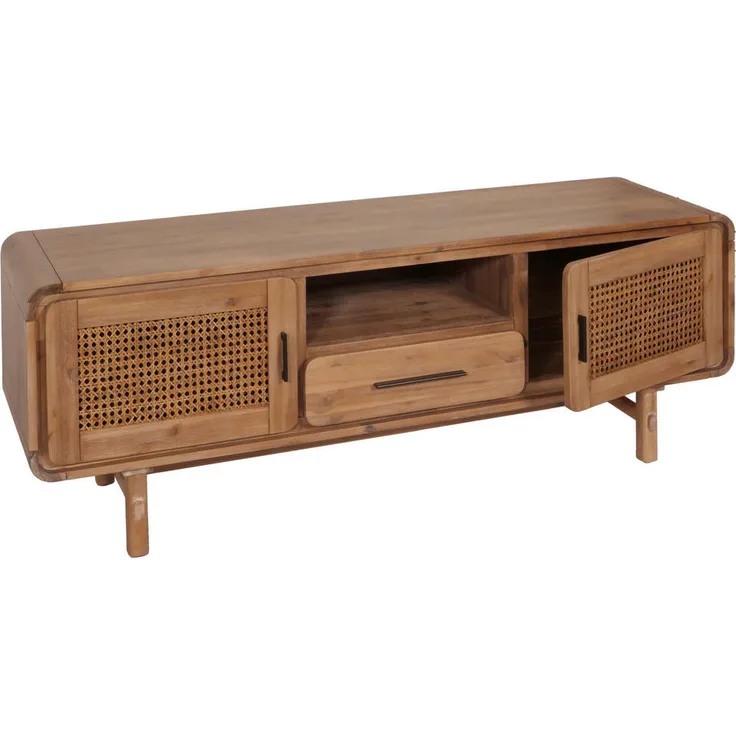 MCW M47 TV-Rack, Braun, Holz, 160x60x45 cm, mit Rattan-Design, 1 Schublade, 3 Ablagefächern und Kabelführung