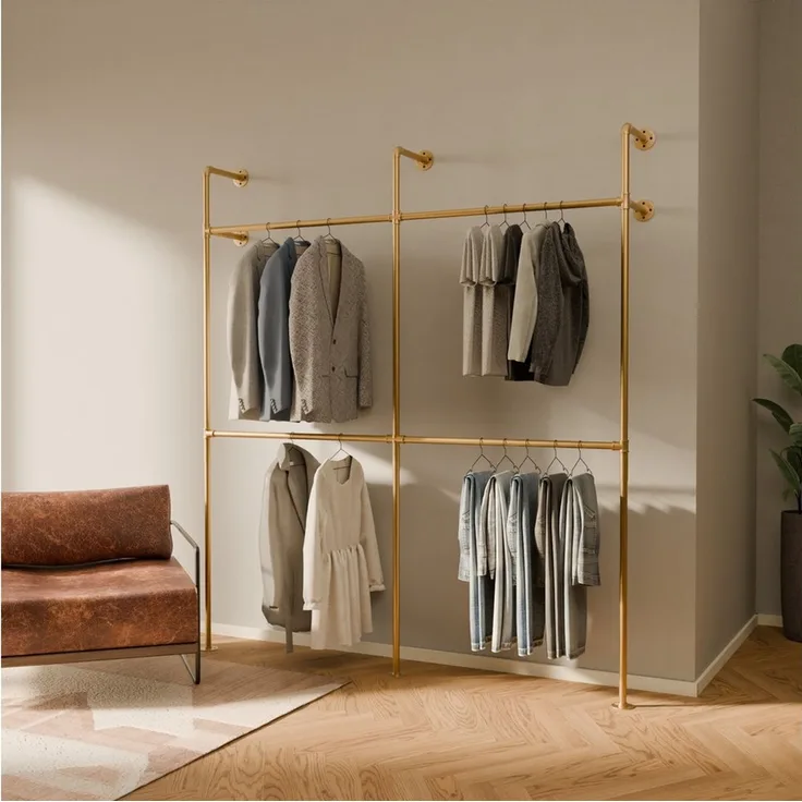 pamo. design Kleiderständer KIM DOUBLE Industrial Kleiderstange zur Wandmontage, Offener Kleiderschrank / Garderobe aus goldenen Wasserrohren