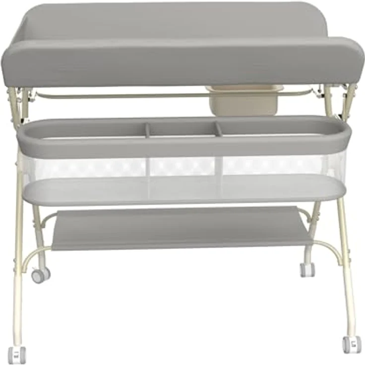 Wickeltisch, zusammenklappbar, mit Aufbewahrungskorb, Struktur aus Eisen, max. Belastung 25 kg, für Neugeborene, ergonomisches Design, Wickeltisch, 75 x 68 x 83–91 cm (A) Grau – Bild 9