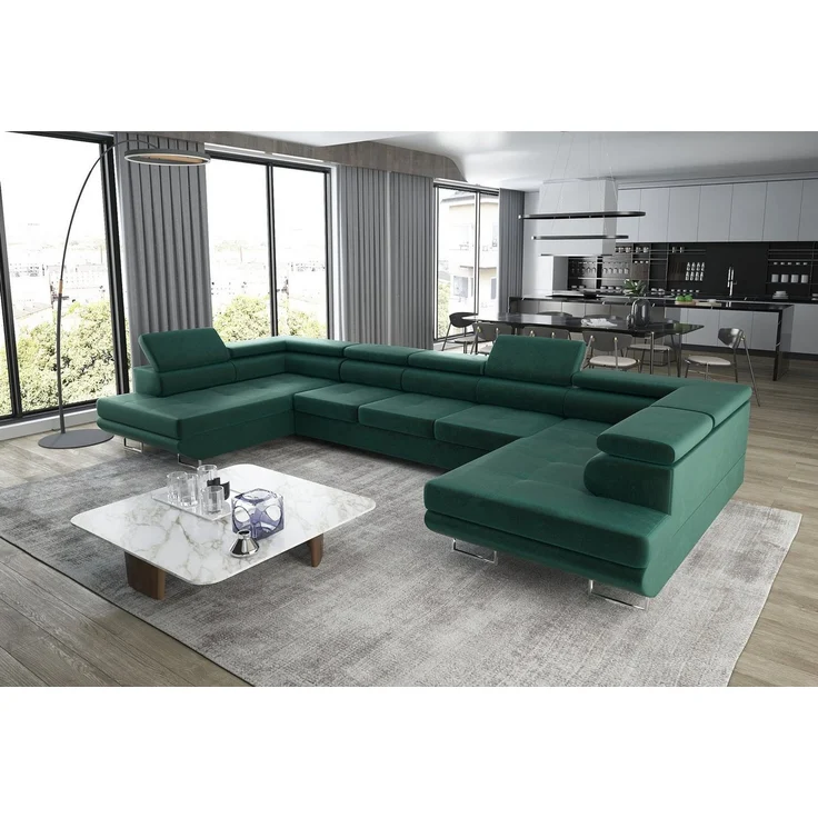 thematys Ecksofa Aston U 403 x 203 cm, mit Schlaffunktion, mit Bettkasten, mit verstellbaren Kopfstützen, Grün (Monolith 37), Ausrichtung 390 cm|350 cm – Bild 1