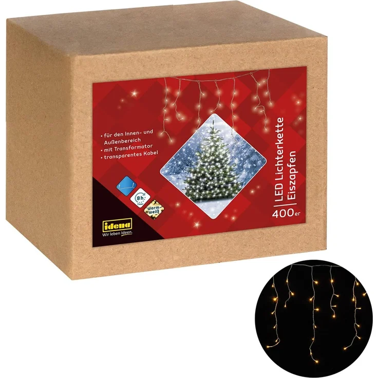 Idena LED Lichter-Kette Eiszapfen mit 400 LED in Warmweiß, mit 8 Stunden Timer Funktion und Transformator, ca. 10,27 m lang, Dekoration von Garten, Balkon, Terrasse und zu Weihnachten – Bild 1