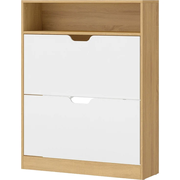 VASAGLE Schuhregal 2 Klappen, mit verstellbarer Trennwand, Schuhaufbewahrung, offenes Fach, 24 x 80 x 102 cm, eichenfarben-weiß – Bild 2