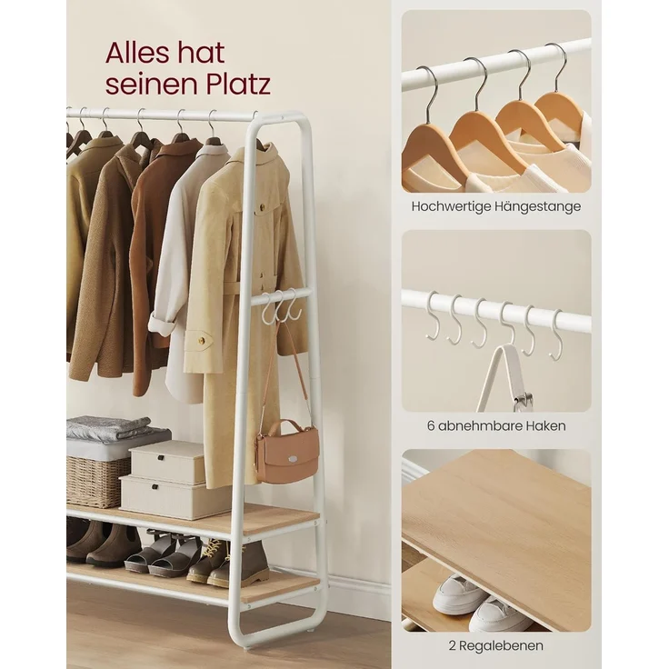 VASAGLE Kleiderständer, Garderobenständer, Garderobe, 2 Ablagen, 6 Haken in S-Form, Stahlgestell, naturbeige-mattweiß – Bild 6