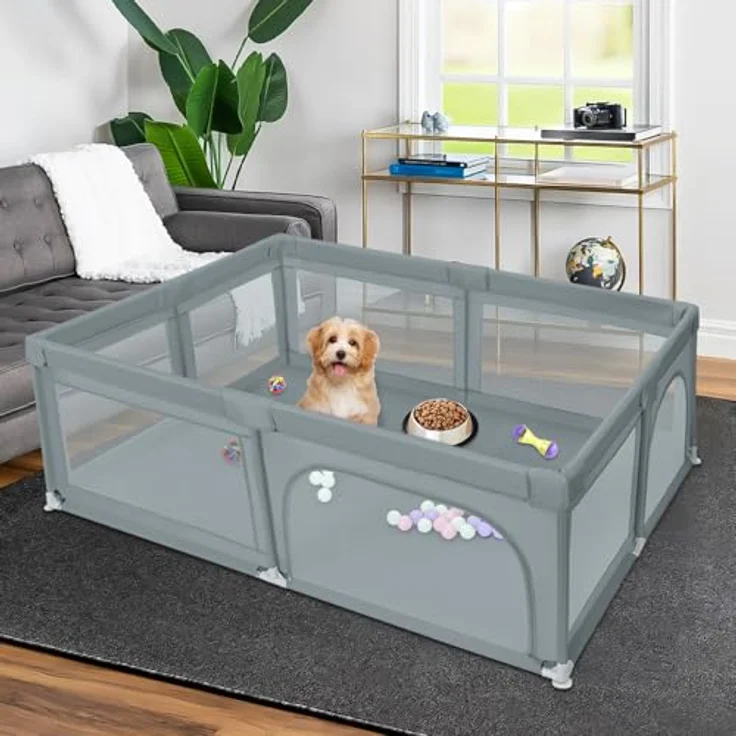 Welpenlaufstall mit Tür, Laufstall für Welpen oder kleine Hunde, robuster Zaun aus dickem Stoff und Netz aus Nylon, hohe Widerstandsfähigkeit, maschinenwaschbar, innen/außen, 205 x 147 x 66 cm – Bild 2