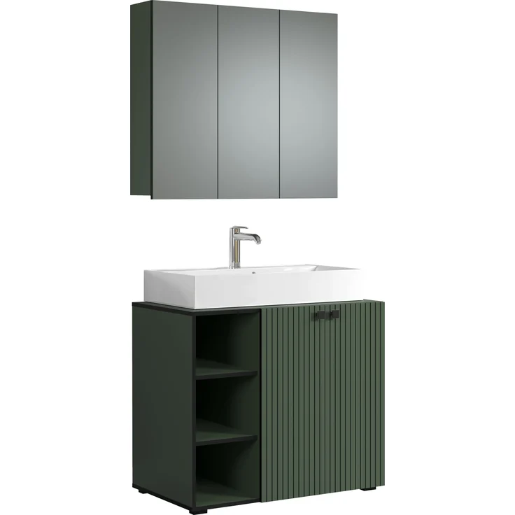 trendteam smart living - PureBliss - Waschbeckenunterschrank - Grün - Rillenoptik - 3 offene Fächer + 1 Einlegeboden + 80cm Aufsatzwaschbecken - (BxHxT) 90 x 91 x 53 cm - edle Metallgriffe – Bild 3