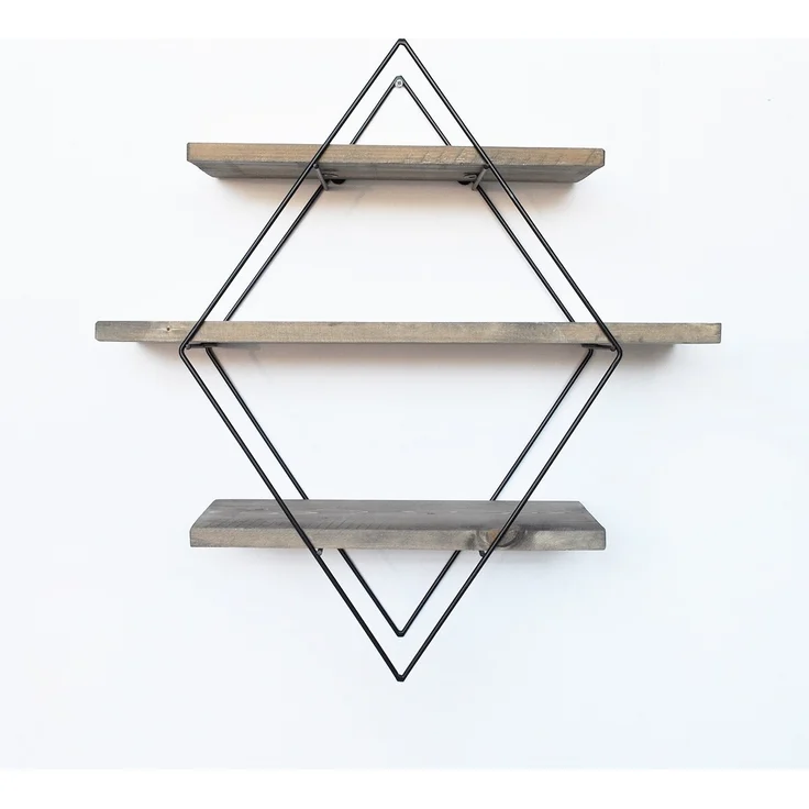 Calicosy Rautenförmiges Wandregal aus schwarzem Metall und Massivholz L60 cm - Holz – Bild 8