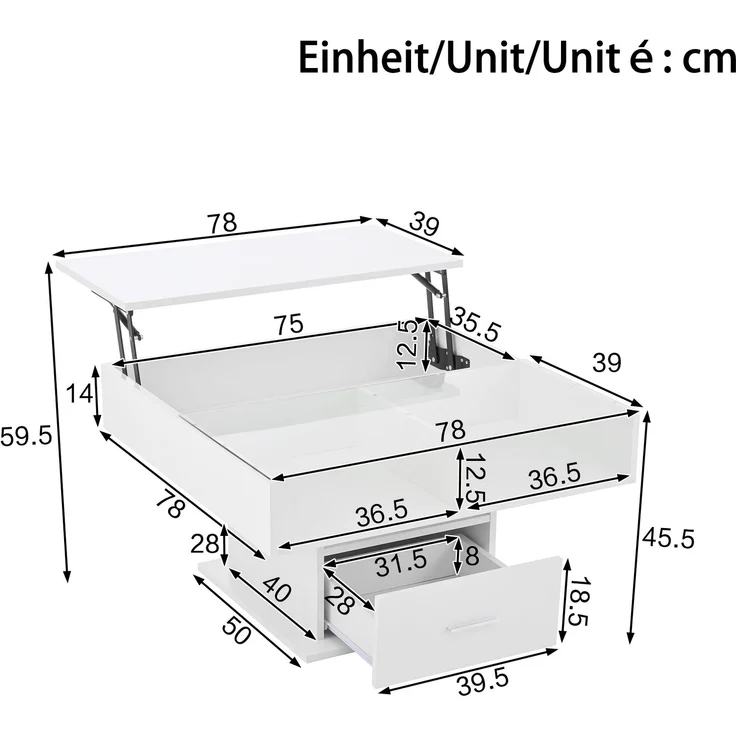 Lift-Couchtisch Weiß Hochglanz 78x78 cm höhenverstellbarer Tisch mit LED-Beleuchtung, Schublade und Ablagefach – Bild 10