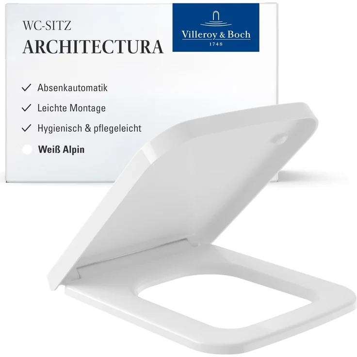 Villeroy & Boch Architectura WC-Sitz - Toilettendeckel mit Absenkautomatik - Abnehmbarer, bruchsicherer Toilettensitz aus Duroplast - Ersatzteil - Klodeckel in eckiger Form - Weiß Alpin, glänzend – Bild 1