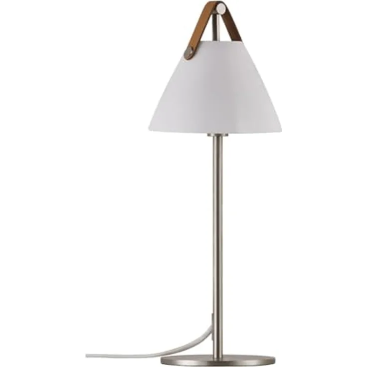 Nordlux Strap Tischlampe Leselampe Ø 16,5 cm, Weiß/Silber mit Opalglas und Lederbändern in Braun/Schwarz