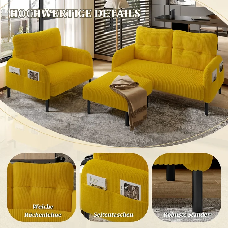 LVHOM Cord 3er-Set 2-Sitzer+Sessel+Hocker, Flexibel für Wohnzimmer Ecksofa mit Seitentaschen, Sitzgruppe Gelb – Bild 4
