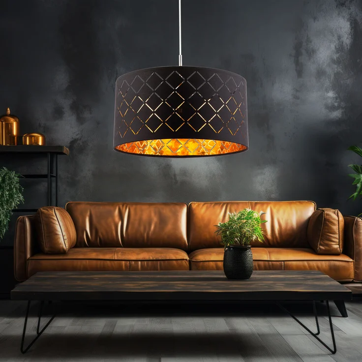 Hängeleuchte, Metall Textilschirm, schwarz gold, H 140cm – Bild 2