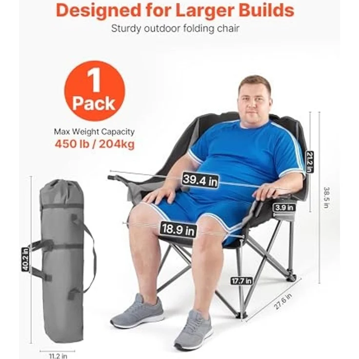 VEVOR Campingstuhl (Übergroß) Faltstuhl 204 kg Belastbar, Anglerstuhl mit Zwei Getränke- und Weinglashaltern, Klappstuhl für Outdoor-Aktivitäten Angeln Grillen, Schwarz & Grau, 1 STK. – Bild 3