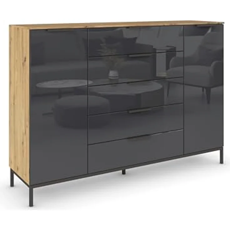 Rauch Möbel Flipp, Nachttisch für Schlafzimmer, Garderobe, 2-türig, 5 Schubladen, mit Softclose-Funktion, Griffe und Metallkufe Graphit, Farbe Eiche Artisan, Holz/Glas Basalt, Schwarz, Breite 160 cm – Bild 2