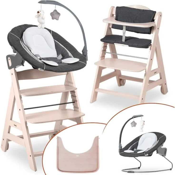 hauck Beta+ Hochstuhl Newborn Set mit Deluxe Bouncer - Whitewashed | Mitwachsender Holz Kinderhochstuhl mit Rollen ab Geburt bis 90 kg | inkl. Neugeborenenaufsatz, Essbrett & Sitzkissen