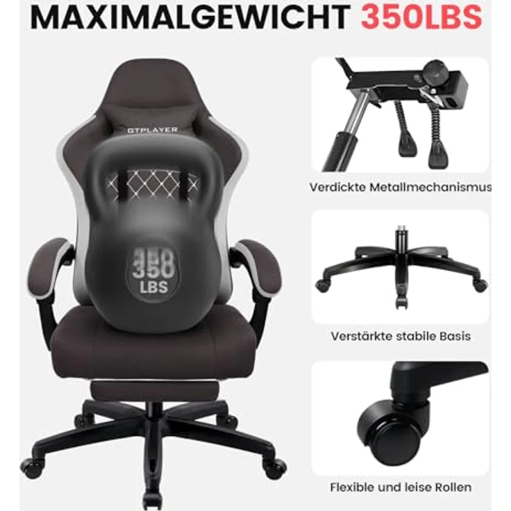 GTPLAYER Gaming-Stuhl Ergonomischer Gaming Sessel Schreibtischstuhl mit Stoffoberfläche (Pacekung), Federsitzkissen mit Fußstütze – Bild 10
