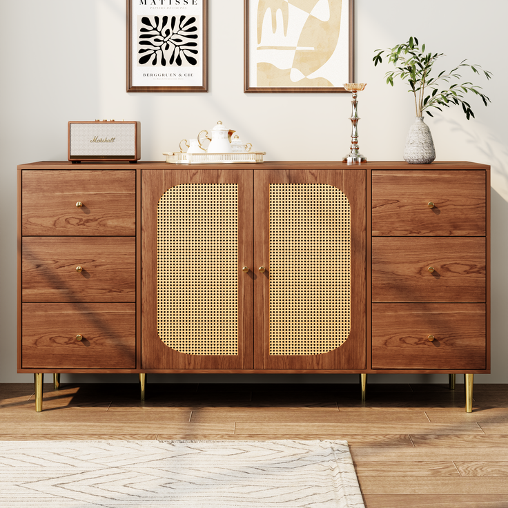 Sideboard Holzoptik, 160x40x90 cm mit Rattantüren & 6 Schubladen