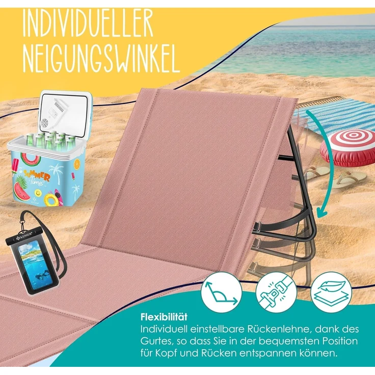 KESSER 2er Set Strandmatte mit verstellbarer Rückenlehne & Tragegurt, klappbar, max. 130 kg, wasserdichter Handyhülle & Tragetasche – Bild 5