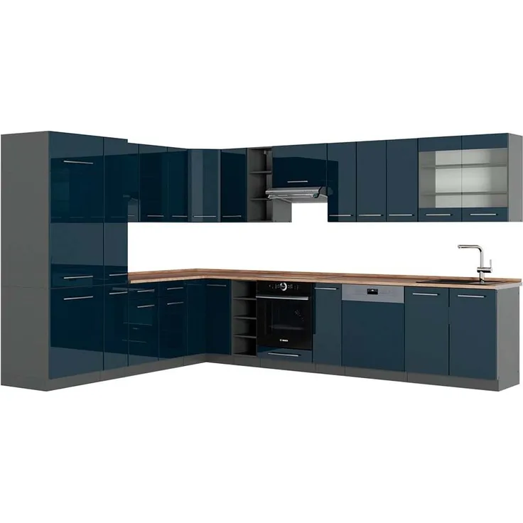 Eckküche Fame-Line Dunkelblau Hochglanz/Anthrazit 347 x 60 cm , AP Eiche Vicco