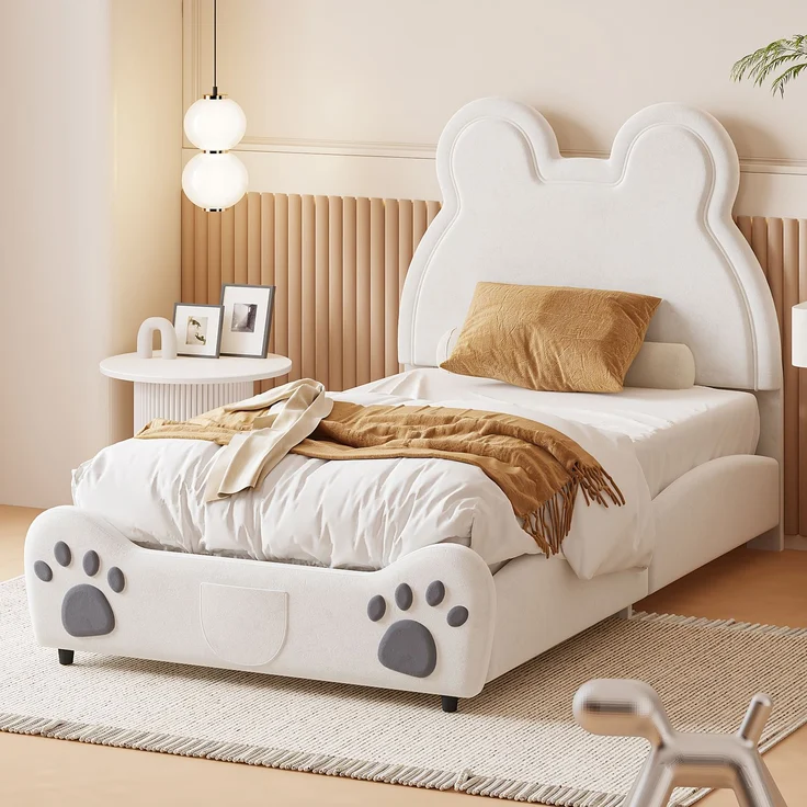Kindereinzelbett 90×200 cm aus Samt-Stoff, weiß – Bild 2