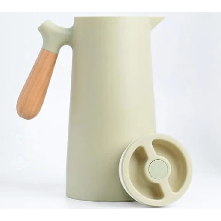 KVOTA Isolierkanne 1L Thermoskanne Glaskolbe Olive Holzgriff 1-Click Öffnung, 1 l – Bild 1