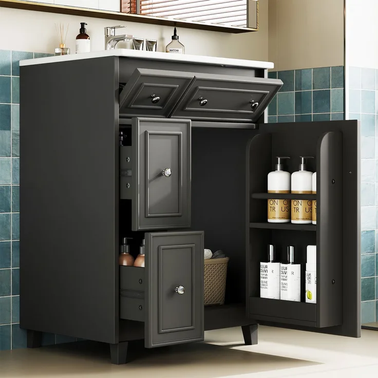 Waschtischunterschrank 61 x 47 x 87 cm mit Keramikbecken, Schubladen und Tür, Schwarz