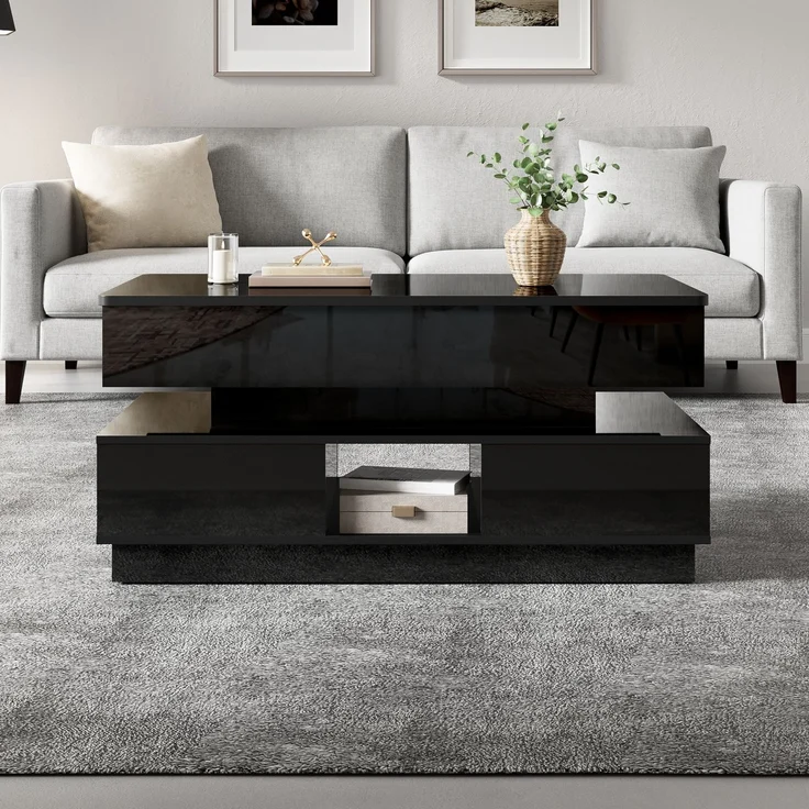 Couchtisch 90 x 48 x 42,5 cm in Schwarz, höhenverstellbar, mit Steckdose, LED und Stauraum – Bild 1