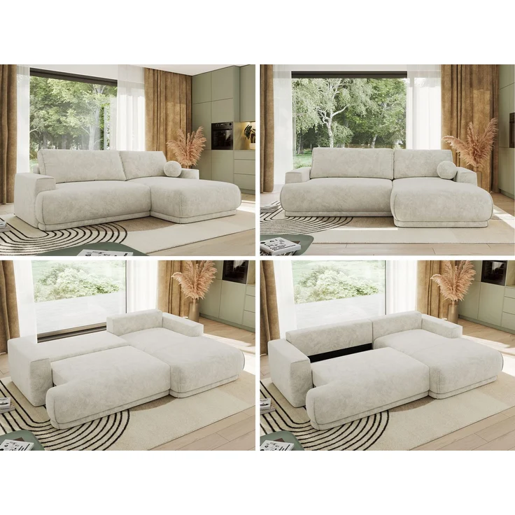 RINA L Design Ecksofa, Schlaffunktion & Stauraum, DL-System, Wellenfedern, Liegefläche 220x155 cm, freistehendes Polstersofa, Schlafcouch - Creme Schenille grob gewebt - Rechts Seite – Bild 2
