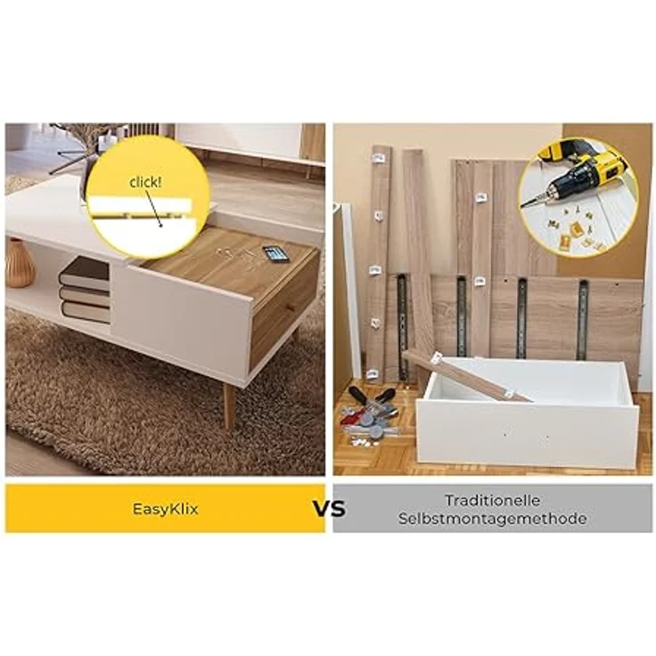 Forte HARLLSON, einfache Montage Dank EasyKlix by Couchtisch Weiß mit Holzdekor: Mauvella Eiche Wohnzimmertisch mit Schublade, Modern Mid Century Stil, 106 cm breit x 45 cm hoch x 60 cm tief – Bild 9