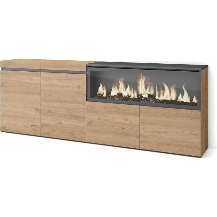 Skraut Home | Sideboard, Highboard | Kommode, Komodenschrank | 210 | 4 Türen | Elektrokamin XXL | Moderner Stil | Eiche
