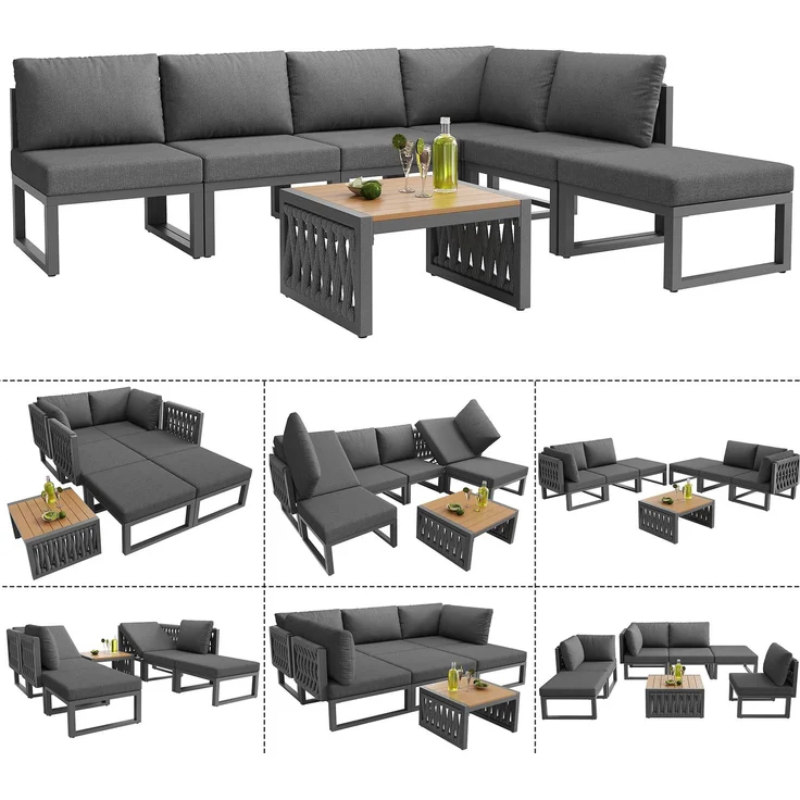 Merax Gartenlounge-Set, 6-Sitzer Gartenmöbel Set, Garten Loungesessel für 6 Personen, Doppelliege für den Außenbereich, Verstellbarer Rückenlehnenwinkel, Grau – Bild 10