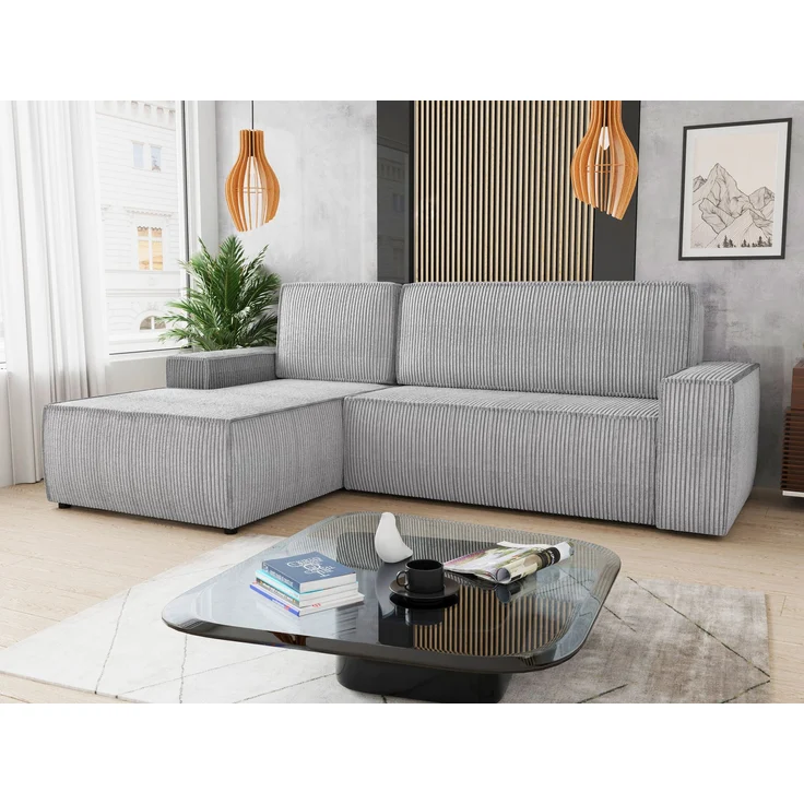 Ecksofa Totti L mit Schlaffunktion und Bettkasten - Cord Stoff - L-Form Couch, Polstersofa, Schlafsofa, Sofagarnitur (Grau (Poso 110) Seite: Links) – Bild 1