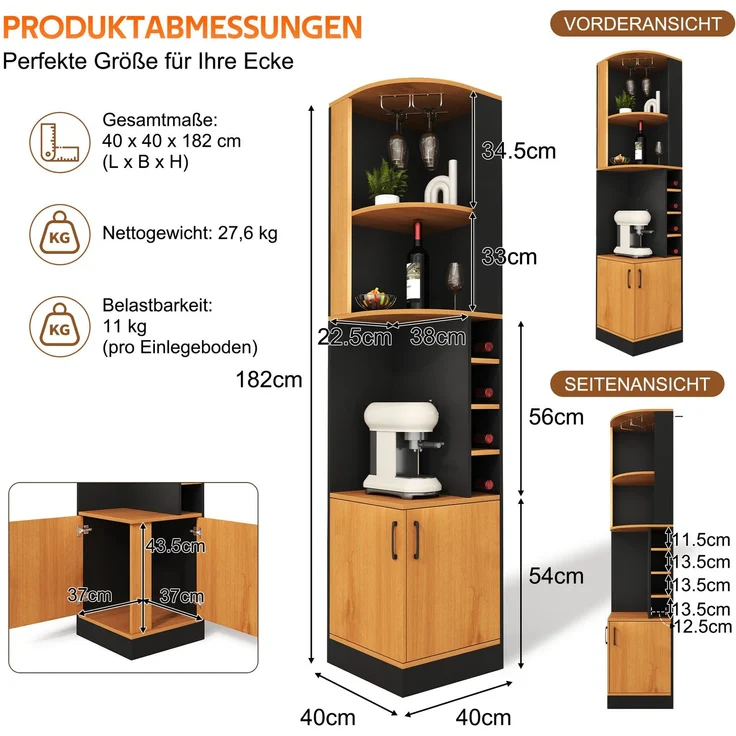 Eckschrank 40x40x182 cm mit Weinglasregal und 4 Weinfächern – platzsparender Stauraum in Schwarz – Bild 3