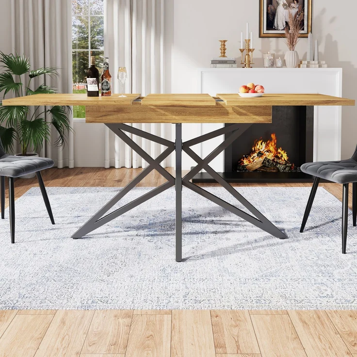 Ausziehbarer Esstisch 120 (160) x 80 cm, ausziehbarer Küchentisch, Frühstückstisch, sternförmige Tischbeine, schwarze Eisenbeine, Tischplatte aus Walnussholz/Marmorimitat – Bild 4