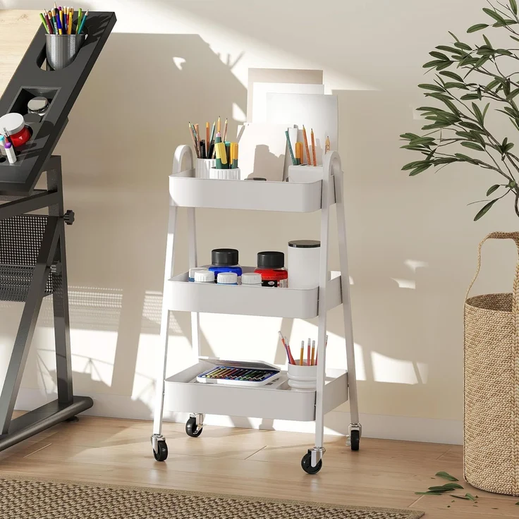 HOMCOM Servierwagen mit 3 Ebenen, Rollen, Griff, Bremse, (Aufbewahrungswagen, 1 St, Rollwagen), für Küche Büro Badezimmer, Weiß – Bild 6