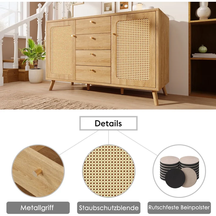 DESVIAE Sideboard mit 4 Schubladen und 2 Türen 140x86x40 cm aus Spanplatte und MDF, helle Eiche – Bild 6