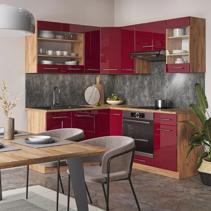 Eckküche Fame-Line Bordeaux Hochglanz/Goldkraft Eiche 190 x 160 cm ohne Arbeitsplatte Vicco – Bild 4