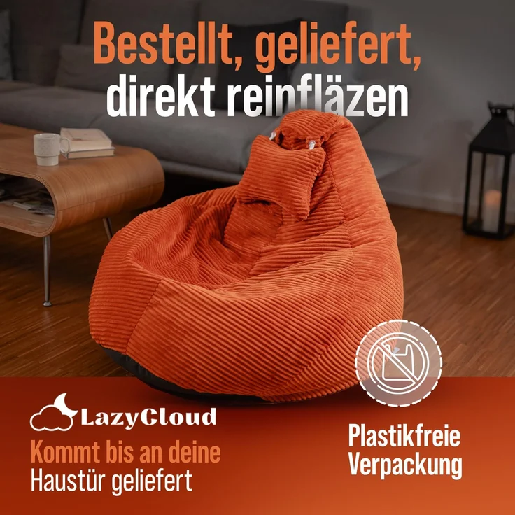 LazyCloud Sitzsack für Erwachsene mit integrierter [Nackenstütze] Cord | XXL Indoor Bean Bag mit Füllung | perfekt als Chill-, Lese- oder Gaming Sessel (90 x 80 x 70 cm) (Korallrot) – Bild 4