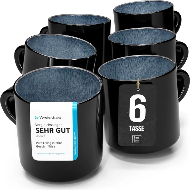 Steingut kleine Tassen 6 Pers. Ibiza Hochwertiges Mediterranes TEST SEHR GUT Tassen Set, Spülmaschinen-, Mikrowellen- und Kratzfest - Stylisches Tee- und Kaffeebecher Set - Pure Living in Rauchblau
