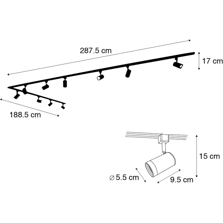 Qazqa Schienensystem-Sets Jeana, ohne Leuchtmittel, GU10, Schwarz, Modern, Aluminium, Deckenstrahler 10-flammig – Bild 4