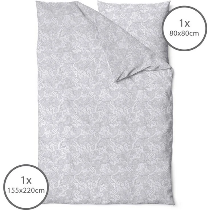 LINKHOFF Bettwäsche Biber Bettwäsche 135x200cm / 155x220 - 2tl. Blumenmuster in Grau Weiß, 100% Baumwolle - Bettwäsche-Set Aesthetic Floral Paisley Zweige – Bild 4
