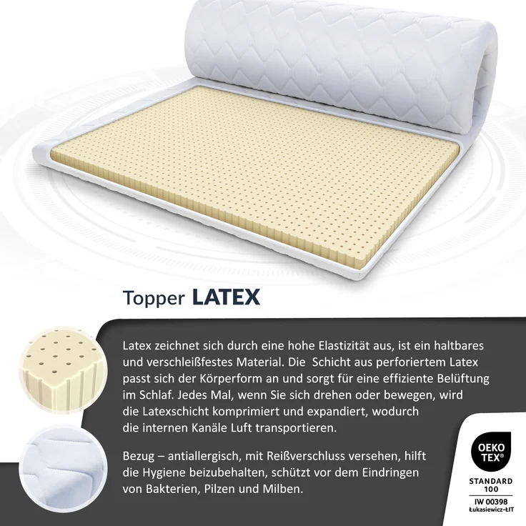 Topper 200x200 cm Matratzenauflage mit Latex Höhe 4 cm Matratzenschoner H2 – Bild 6